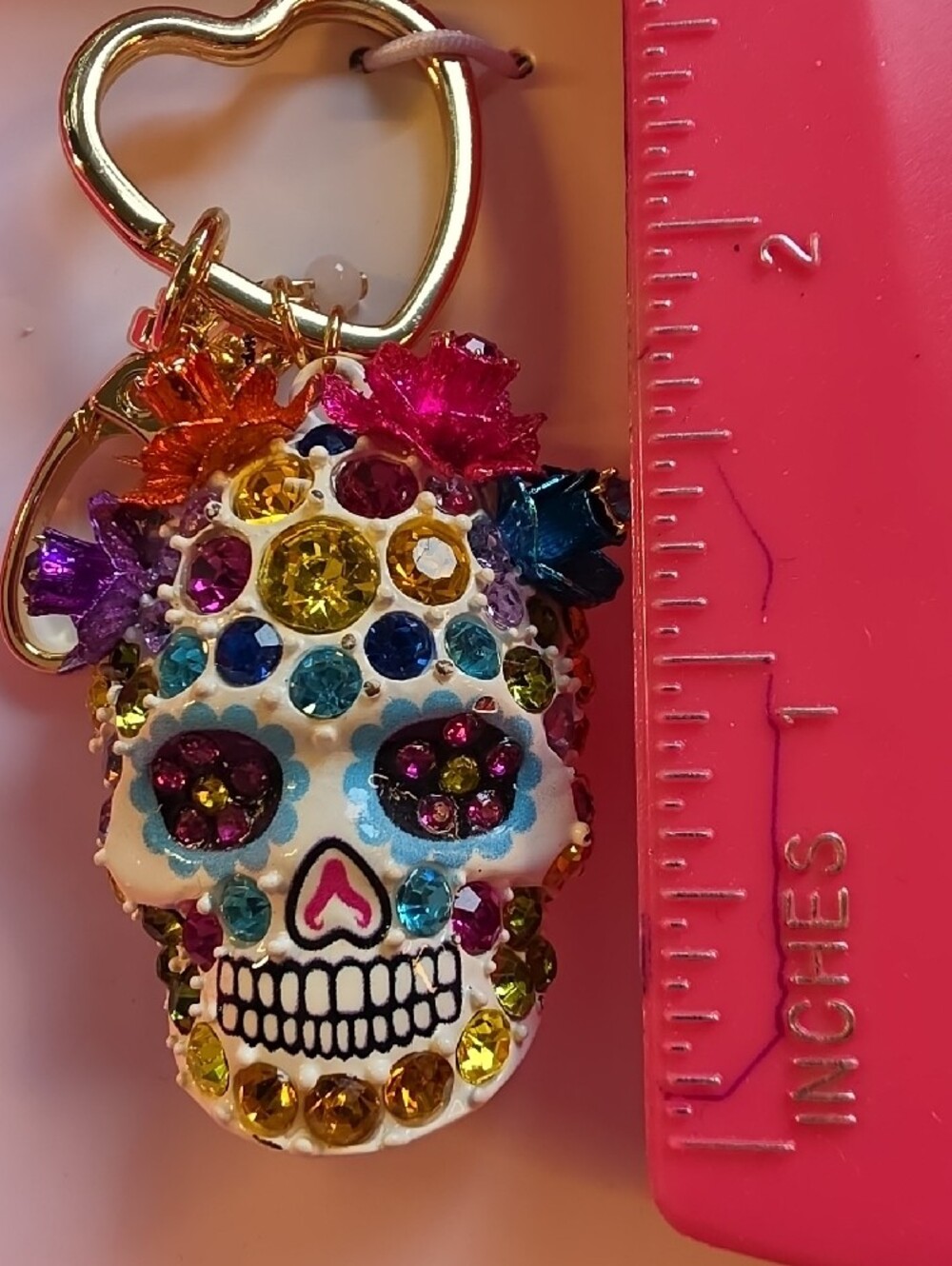 Betsey Johnson Multicolor Crystal Sugar Skull Key Ring/Bag Charm NWT - Picture 4 of 5
